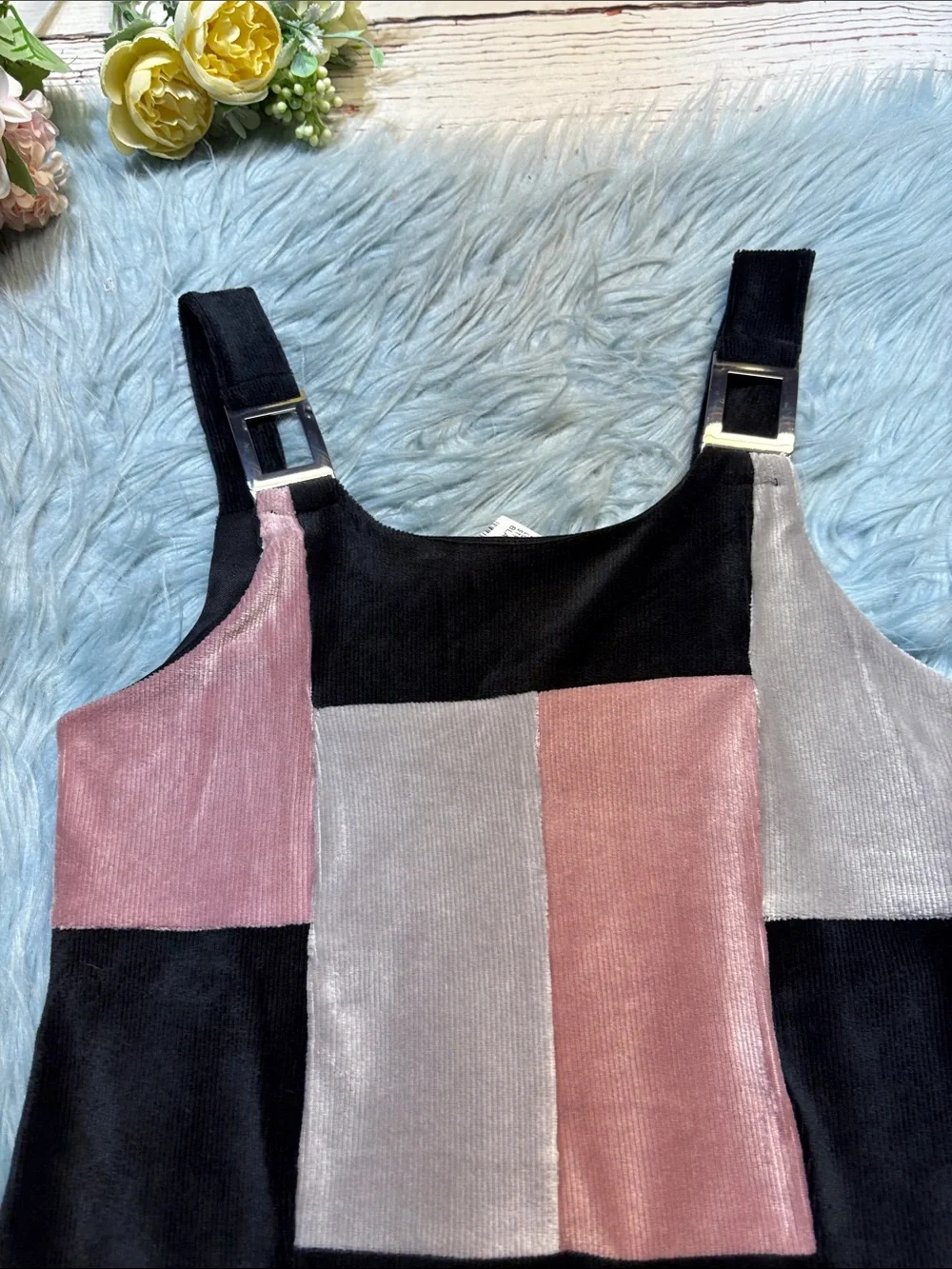 NWT Beautees Girls Colorblock Velvet Pinafore Dress - Black, Pink & Gray sz 8